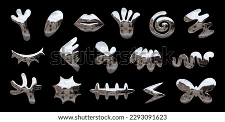 Y2K design chrome 3D elements set, metallic effect vector abstract shapes - flower, lightning, wing, butterfly, lips, spiral, snake, and various others Royalty-Free Stock Photo #2293091623