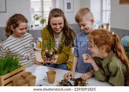 Young teacher learning pupils how to take care about plants. Royalty-Free Stock Photo #2293091825