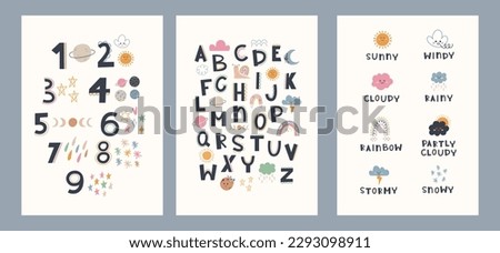 Cute hand drawn posters with rainbow, weather, education elements in boho style. Cartoon doodle print with Numbers and Alphabet for nursery. Design for card, label, brochure, book cover, poster, flye