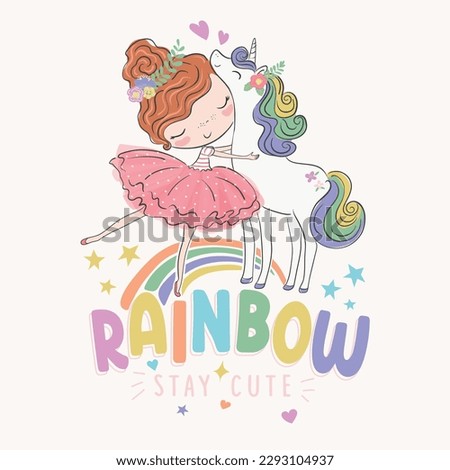 Cute ballerina with sweet unicorn vector illustration, kids fashion artworks.Greeting card, poster, print, t-shirt design for kids,party concept, children books, prints,wallpapers.Unicorn power slogan