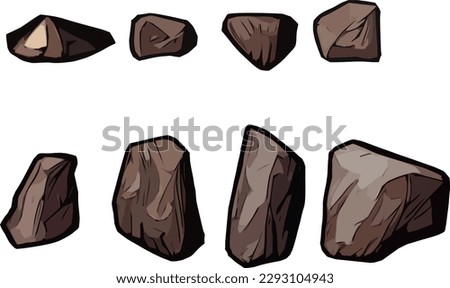 Small vector art collection set of eight brown 2d bolder rock natural formation variations for graphic  
 game design or sticker collection projects. Toon style asset pack. Royalty-Free Stock Photo #2293104943