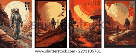 Retro science fiction, a space exploration scene on Mars and astronaut illustration poster set. Royalty-Free Stock Photo #2293105781