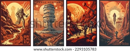 Retro science fiction, a space exploration scene on Mars and astronaut illustration poster set. Royalty-Free Stock Photo #2293105783