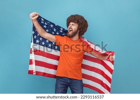 Portrait of man with Afro hairstyle in T-shirt holing huge american flag and rejoicing while celebrating national holiday, looking away and screaming. Indoor studio shot isolated on blue background.