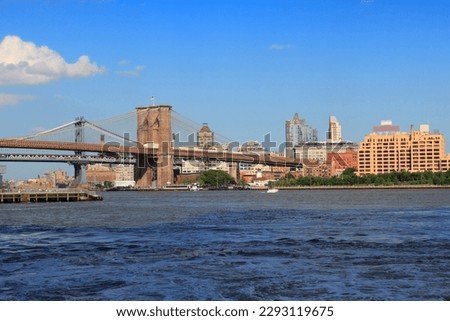 Brooklyn skyline with Brooklyn Bridge. New York City landmarks. New York architecture.