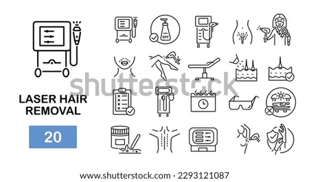 Laser hair removal icons. Laser epilation line icons.  20 hair removal icons. Vector illustration  Royalty-Free Stock Photo #2293121087