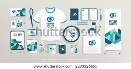 Promotional souvenirs with Corporate Identity design concept on stationery.  Stationery mock-up template. Brand presentation mock-up set. Promotion AD vertical banner design. Editable vector template  Royalty-Free Stock Photo #2293126655