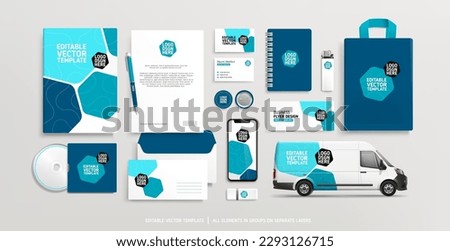 Blue Brand Identity Mock-Up of stationery. Corporate identity Concept of stationary mock-up set of business documets, banner, flyer. Company Van. Advertising promo elements. Editable vector template Royalty-Free Stock Photo #2293126715