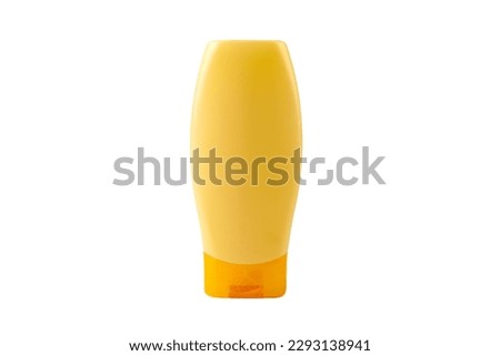 One single new clean blank generic yellow shampoo bottle, object isolated on white, cut out, front view, empty mockup template, no label, no logo. Bathroom supplies, beauty, hygiene product container Royalty-Free Stock Photo #2293138941