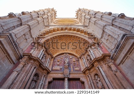 Entrance portal of La Seu, the Cathedral of Santa Maria of Palma de Mallorca in the Balearic Islands (Spain) is a medieval gothic cathedral built next to the Mediterranean Sea Royalty-Free Stock Photo #2293141149