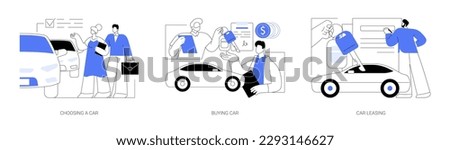 Car dealership abstract concept vector illustration set. Choosing a car, buying vehicle from official dealer, transport leasing services, signing contract, automobile dealer salon abstract metaphor.