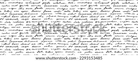Unreadable poetry seamless banner. Cursive english text written by a pen. Linear cursive lettering, handwritten abstract text. Seamless horizontal pattern with latin or english illegible words. Royalty-Free Stock Photo #2293153485