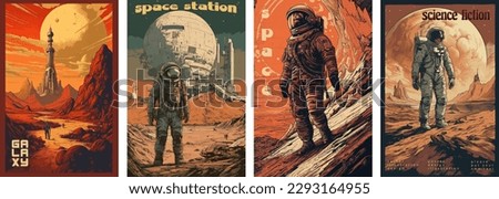 Retro science fiction, a space exploration scene on Mars and astronaut illustration poster set. Royalty-Free Stock Photo #2293164955
