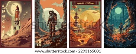 Retro science fiction, a space exploration scene on Mars and astronaut illustration poster set. Royalty-Free Stock Photo #2293165001