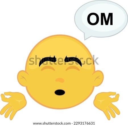 vector illustration emoticonon face of a yellow character meditating, with a dialogue bubble with the text OM