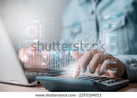 businesswoman working using calculator. Risk Management Work process.Picture Trader working Market Report Document Touching Screen Tablet.Using Worldwide Graphic Icons,Stock Exchange Report.