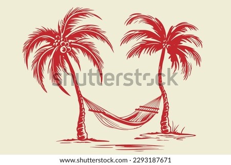 retro cartoon illustration of a empty hammock hanging between two palms