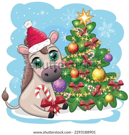 Cute donkey in santa hat with balloon, gift, candy kane near the christmas tree. Postcard for Christmas and New Year.