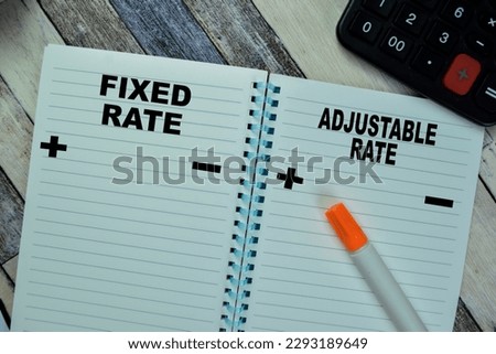 Concept of Fixed Rate and Adjustable Rate write on book isolated on Wooden Table.