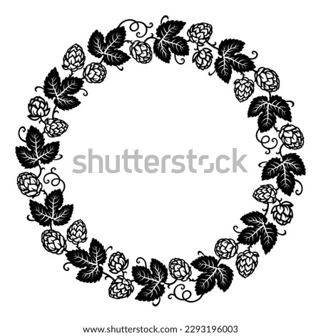 Round frame made of beer hops branches with leaves and hop cones. Decorative wreath of beer hops Elements for brewery design,  beer production,  pub and bar decoration. Hand drawn vector illustration.