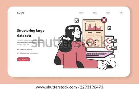 Bid data structuring web banner or landing page. Data optimization for machine learning and server efficiency. Big data filtering. Chart and graph, diagram research. Flat vector illustration