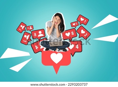 Collage image of happy lady and like symbol