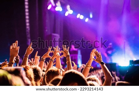 crowd partying stage lights live concert summer music festival Royalty-Free Stock Photo #2293214143