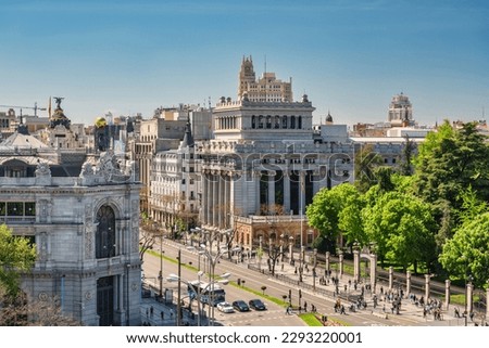 Madrid Spain, high angle view city skyline at Independence Square and Cibeles Fountain