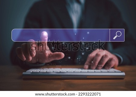 Man hand touching on search bar for Search Engine Optimization or SEO concept to find information or data by internet connection. Internet, network, database, information system.