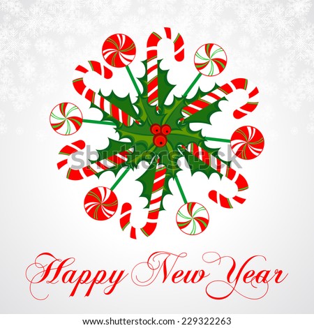 Happy New Year Greeting Card. Christmas background with  holiday symbols , Colorful design. Vector illustration. 