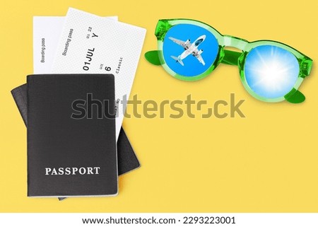 Black passport, boarding pass, flight ticket, sunglasses, flying airplane, sun blue sky, summer holiday, vacation concept, travel banner, international airlines, tourism, yellow background, copy space