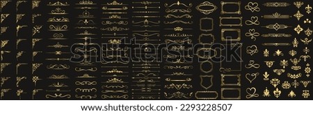 set of gold vintage frames with beautiful filigree, decorative gold borders and corner decorations. Golden luxury realistic rectangle border. Set of decorative vintage frames. Gold text delimiters Royalty-Free Stock Photo #2293228507