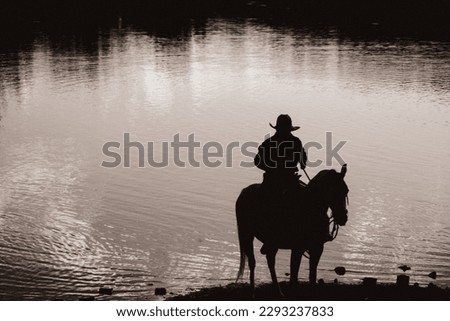 Man on horseback at sunset on the lake
