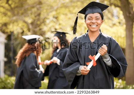 Im excited to celebrate this day with my peers. Portrait of a young woman holding her diploma on graduation day. Royalty-Free Stock Photo #2293263849