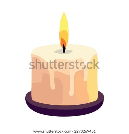 Burning candle illuminates birthday cake with flame isolated