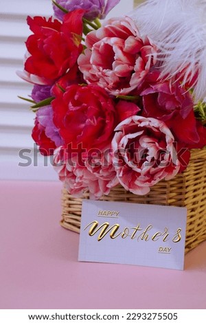 Happy mother's day!  Card, Banner, flyer,  Congratulations on Mother's Day, Bouquet of tulips                               