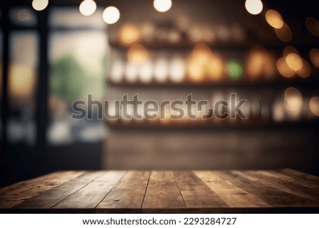 Wooden table blurred background of restaurant of cafe with bokeh. Flawless