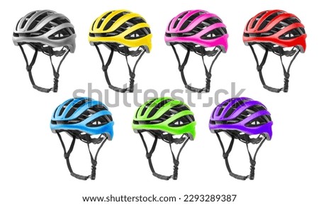 Set of colored bicycle helmets. Isolated on white background. Royalty-Free Stock Photo #2293289387