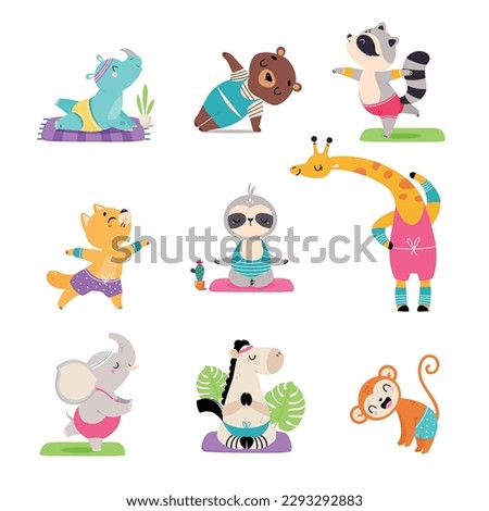 Cute animals doing yoga set. Adorable monkey, giraffe, cat, hippopotamus, elephant, horse practicing fitness exercises cartoon vector illustration