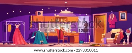 Cartoon actors dressing room interior. Vector illustration of messy theater backstage, mirrors illuminated with light bulbs, clothes and costumes on rack, accessories on table, movie posters on walls Royalty-Free Stock Photo #2293310011
