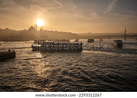 Sun is setting down behind minarets and dome of Suleymaniye Mosque (aka Süleymaniye Camii). Beautiful sunset cityscape photo with sillhouettes of mosques. Istanbul, Turkey 
