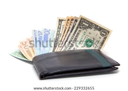 money in the purse on a white background