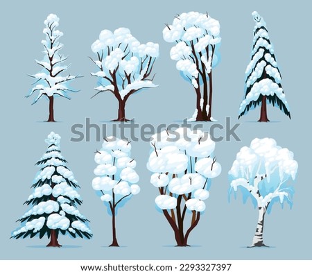 Deciduous and coniferous species trees with snow covered branches winter set at blue background isolated vector illustration Royalty-Free Stock Photo #2293327397