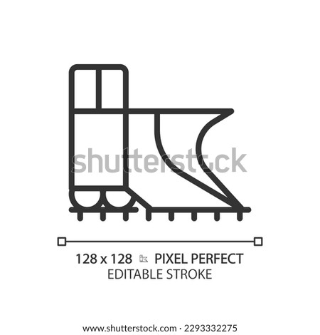 Snowplow train pixel perfect linear icon. Steam engine. Railroad snow removal equipment. Rail cleaning. Thin line illustration. Contour symbol. Vector outline drawing. Editable stroke
