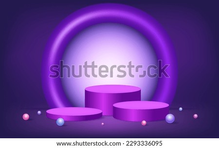 Abstract room with purple pedestal podium, plastic arch shape and balls. Scene for product display mockup presentation
