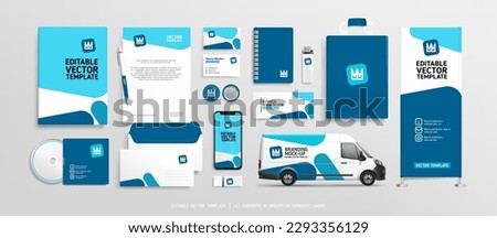Concept of Blue Brand Identity Mock-Up of stationery. Corporate identity stationary mock-up set of business documets, banner, flyer. Company Car. Advertising promo elements. Editable vector template Royalty-Free Stock Photo #2293356129