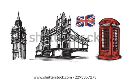 Big Ben, Tower bridge, telephone booth, hand drawn illustrations, sketch style. Vector. Royalty-Free Stock Photo #2293357273