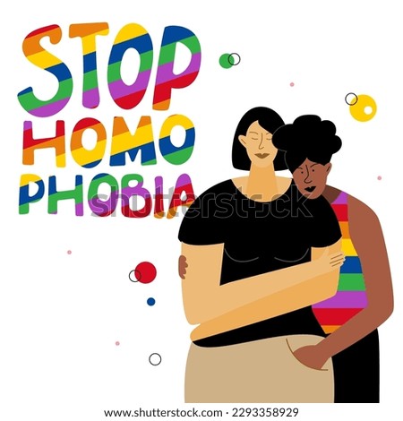 The LGBTQ couple, girl, African American woman and phrase rainbow lettering STOP HOMOPHOBIA. They celebration pride month, LGBT parade.  Royalty-Free Stock Photo #2293358929
