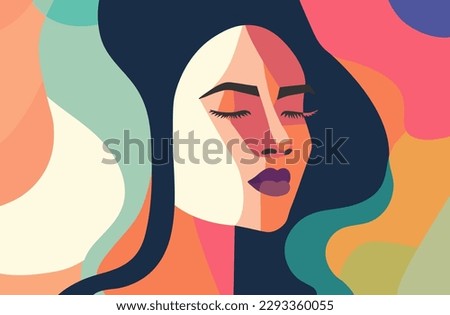 Abstract woman face collage in modern vector art design. Feminine abstraction poster in colorful pallette. Creative geometric female pattern in cubism style.