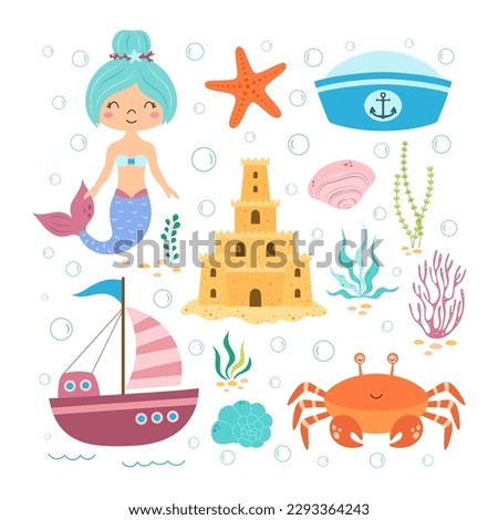 vector set of cute nautical elements, cartoon mermaid character, ship, crab, shells, marine hat and sand castle isolated on white background, summer adventure concept